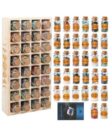 AMBER IMPRINT Set of 32 Crystals for Witchcraft with Wooden Tray - Healing Crystals chip in Glass Bottles - Chakra Healing Crystals in Gift Package - Witchcraft Supplies Crystals for Beginners 8ml