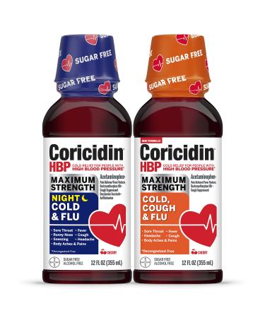 Coricidin HBP Maximum Strength Cold & Flu Day & Night Sugar-Free Liquid Twinpack, Decongestant-Free Cold Medicine for Adults with High Blood Pressure -12 Fl Oz (Pack of 2) New