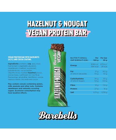 Barebells Vegan Hazelnut Nougat Protein Bars | 15g Protein, Low Carb, Delicious Vegan Snacks | 12 x 55g - Buy Online on GoSupps.com