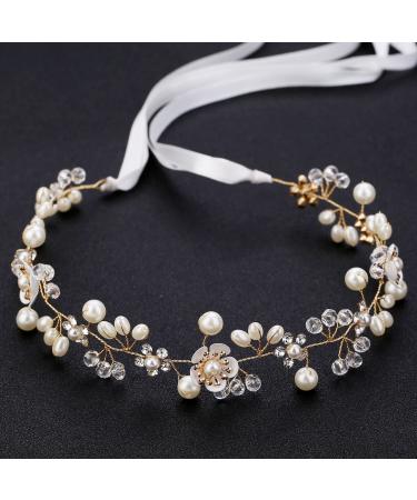 Wedding Hair Accessories for Kids  Flower Girl Hair Accessory  Princess Headpiece White Flower Headband Pearl for Girl and Flower Girls Cute Bridal Wedding Hair Band  Women's Fashion Headbands (Gold)