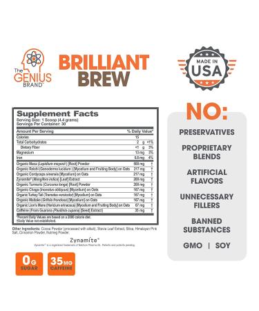 Genius Brilliant Brew: Nootropic Mushroom Coffee Alternative for Natural Energy - No Jitters, No Crash, Sugar-Free, Non-GMO - Buy Online on GoSupps.com