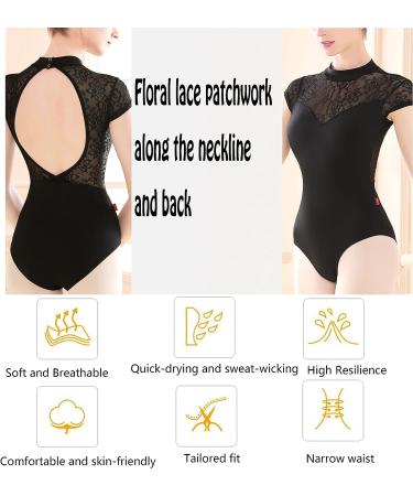 UTOWO Women's Black Lace Short-Sleeve Ballet Leotard with Swan Collar - Small - Buy Online on GoSupps.com