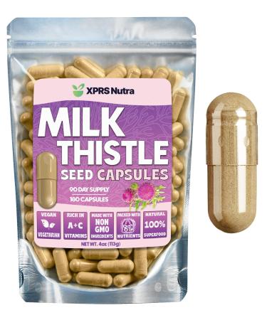 XPRS Nutra Milk Thistle Seed Capsules - 180 Count (3 Month Supply) Premium Milk Thistle Supplement Rich in Silymarin to Support The Liver and Digestion - Pure Non-GMO Cardo Mariano Pills 180 Count (Pack of 1)