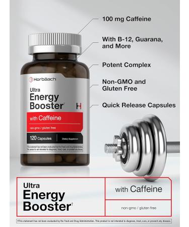 Horb ach Ultra Energy Supplement - 120 Non-GMO Gluten Free Capsules with Caffeine & Vitamin B12 | Daily Energy Booster - Buy Online on GoSupps.com