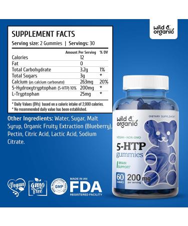 Organic Blueberry Flavored 5-HTP Gummies - Stress Relief & Mood Support Supplement with Melatonin and Serotonin Booster - 200mg 60 Chews - Buy Online on GoSupps.com