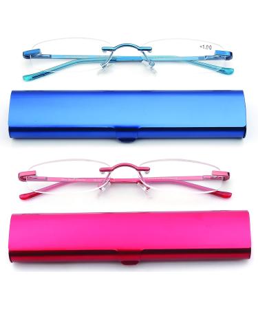 Newbee Fashion Portable Compact Reading Glasses - Slim Design Metal Rimless - 2 Pack (Blue & Red 2.75) - Lightweight Comfort Fit - International Shipping Available - Buy Online on GoSupps.com