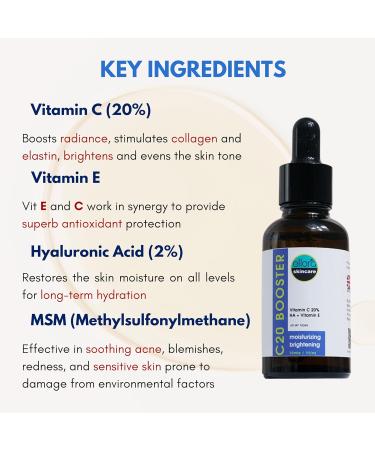 VITAMIN C 20% SERUM - 30ml - with Vitamin E Hyaluronic Acid 2% and MSM - Moisturising - Anti-Ageing - Brightening - Boosts Skin Elasticity - Soothes Blemishes - ALL SKIN TYPES - Buy Online on GoSupps.com