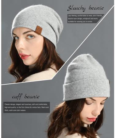 Jaxmonoy Wool Cashmere Slouchy Knit Beanie | Winter Hat for Women - Light Grey - Buy Online on GoSupps.com