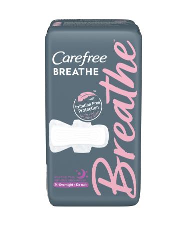 Carefree Breathe Ultra Thin Overnight Pads with Wings, White, Unscented, 24 Count
