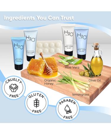 H2O Therapy Hotel Soaps & Toiletries Bulk Set | All-In-One Kit for Hotels & Airbnb | 300 Pieces .85oz Shampoo, Conditioner, Body Wash, Lotion, 1oz Bar Soap - Buy Online on GoSupps.com