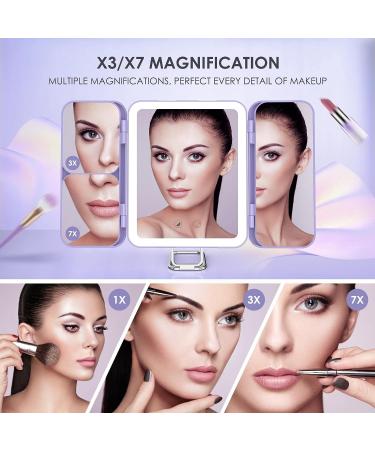 Sejoy Travel Makeup Vanity Mirror - 64 LED Lighted, 3X 7X Magnification, Tri-Fold Portable Mirror, Touch Sensor, 3 Color Modes, Rechargeable - Purple - Buy Online on GoSupps.com