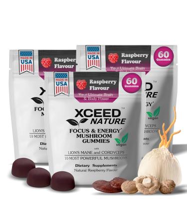 XCEED NATURE 3-Pack Lions Mane & Cordyceps Mushroom Gummies - 10in1 Supplement - for Focus Energy Mood Memory & Clarity - 60 Pcs