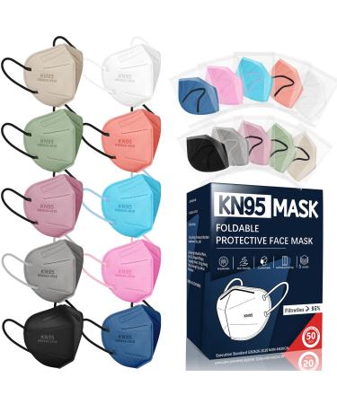 KN95 Face Masks for Adults, 50 Pack 10 Colors KN95 Masks Disposable, 5 Layer Breathable Face Masks with Designs Individually Wrapped, Filter Efficiency 95%