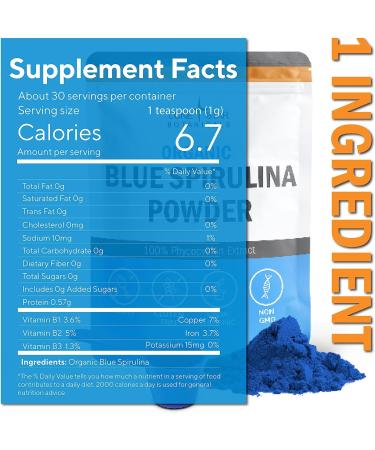 Organic Blue Spirulina Powder - 100% Pure Superfood for Smoothies & Protein Drinks - Non GMO, Gluten-Free, Dairy-Free, Vegan - USDA Certified - 30 Servings - Buy Online on GoSupps.com
