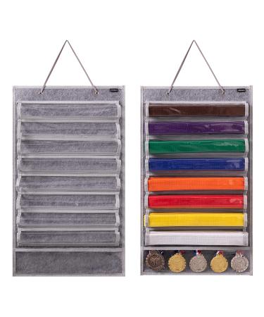 JEWERADO Karate Martial Arts Taekwondo Belt Display Holder Wall Hanging for 8 Belts, Hold 5 Medals Grey