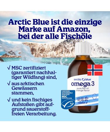 Arctic Blue Omega 3 Fisch l 150 ml - Hochdosiert mit DHA EPA & Vitamin D - Kein R lpsen oder Fischgeruch - MSC-zertifiziert - Orangengeschmack - Buy Online on GoSupps.com