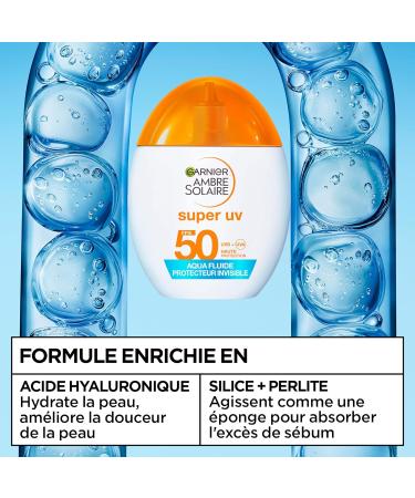 GARNIER - Ambre Solaire Acide Hyaluronique - Aqua Fluide Invisible SPF50 - Fluide Solaire Non Teint e - Matifie Prot ge Illumine & Hydrate - L g re & Non Grasse - Tous Types de Peaux - 40 ml - Buy Online on GoSupps.com