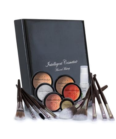 Mineral Makeup Set/Kit 17 Piece - Loose Powder Minerals COMPLETE SET - 2 Shades Foundation Setting Veil Bronzer Highlighter Concealer Primer & Professional Brush Set (Medium & Medium Beige)