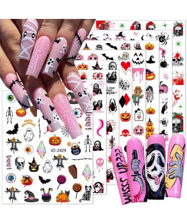 8 Sheets Halloween Ghost Skull Nail Art Stickers Decals 3D Gothic Punk Horror Halloween Design Decals Ghost Spooky Pumpkin Nail Art Supplies Decoration for Women Girls Acrylic DIY Nail Charms