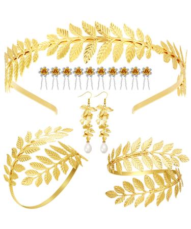 15 Pieces Greek Goddess Costume Bracelet, Golden Leaves Bridal Crown Headband, Pearl Earrings and Hair Pins (Classic Style)