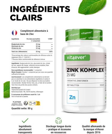 Complexe Zinc 25 mg - 400 Comprim s - Avec 3 Formes de Zinc Biodisponibles (Bisglycinate de Zinc Gluconate de Zinc Citrate de Zinc) - Vegan Hautement Dos Sans Additifs inutiles - Buy Online on GoSupps.com