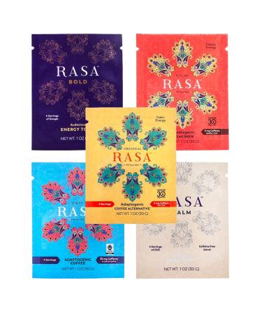 RASA Bestsellers 5-Pack Sampler (Original, Cacao, Bold, Calm, & Dirty)  Adaptogenic Mushroom Coffee Alternative | Vegan, Keto, Whole 30, Ayurveda Wellness Tonic with Chaga + Reishi (5 Packets / 1 oz. ea.)
