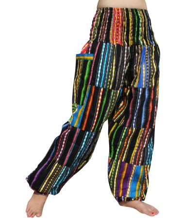 Full Funk Smock Waist African Dashiki Patch Long Elastic Waist Harem Pants Medium Multicoloured - Black