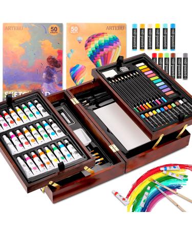 Art Supplies  85 Piece Wooden Art Set Painting Supplies with Watercolor Powder  Oil Pastels  Colored Pencils  Watercolor Paint  Portable Gift for Kids Beginners and Artists 85 Piece Set Brown