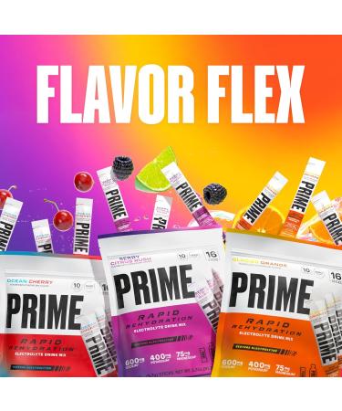Prime Rapid Rehydration Electrolyte Powder Sticks Ocean Cherry Sugar Free Hydration Drink Mix with Sodium Potassium Magnesium & B Vitamins to Replenish Fluids Caffeine Free 16 Count - Buy Online on GoSupps.com