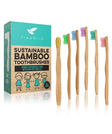 TreeBird Kids Bamboo Toothbrush 6-Pack | Super Soft Bristles | Eco-Friendly Dental Care for Children | Compostable Natural Organic Wood Handles | Colorful BPA-Free Brushheads Mixed Colors