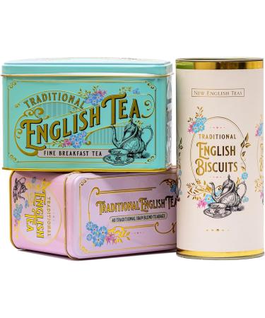 New English Teas Vintage Victorian Tea & Biscuits Gift Set with 80 Fine English Teabags 2 Tea Caddies and Luxury Cornish Biscuits - Buy Online on GoSupps.com