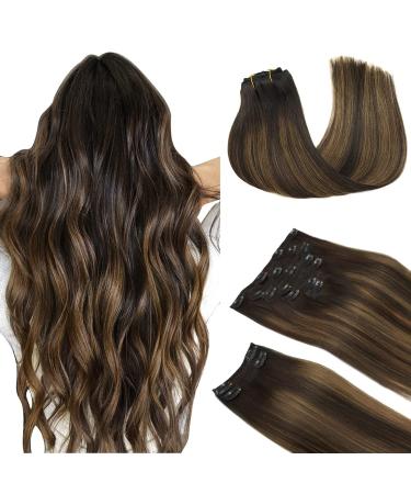 Hair Extensions Real Human Hair, Balayage Dark Brown to Chestnut Brown 20 Inch 9pcs 150g, DOORES Remy Hair Extensions Clip in Human Hair Extensions Clip ins Natural Hair Extensions Thick Straight Hair 20 Inch-150g #2/6/2 D…