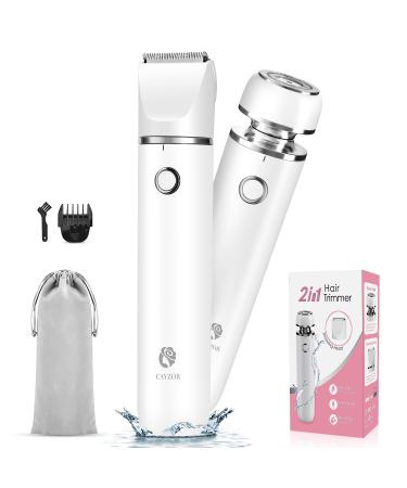 Cayzor Bikini Trimmer and Shaver for Women - 2 in-1 Wet/Dry Electric Body Hair Trimmer Cordless Waterproof Facial Hair Removal Shaver Razor for Painless Trimming of Pubic Face Underarm Legs (White)