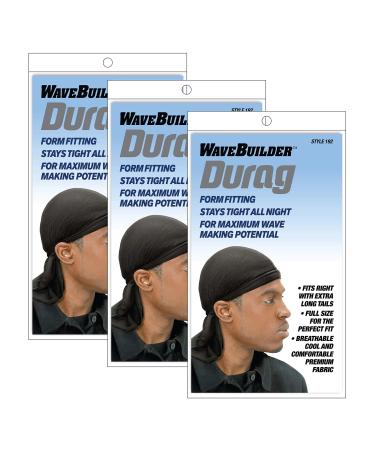 Wavebuilder Durag with Long Tails Black 3-Pack Best for Waves