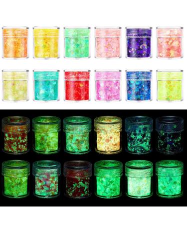AOOWU Chunky Glitter 12 Colors Luminous Festival Glitter with Gel Nail Glitter Powder Holographic Cosmetic Glitter for Face Body Eye Hair Nail and DIY Art (C)
