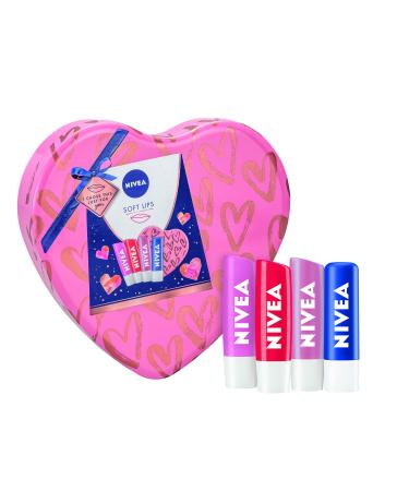 NIVEA Soft Lips Gift Set for Her Lip Balm Set Includes Original Care Soft Rose Strawberry Shine & Pearly Shine Lip Balms NIVEA Lip Balms in a Heart-Shaped Tin