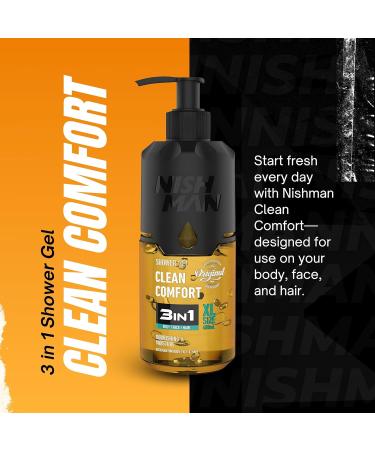 NISHMAN Shower Gel Clean Comfort 480ml 3in1 Formula for Body Hair & Face Gentle Daily Cleansing for Men with Invigorating Fragrance Moisturizing Wash for All Skin Types Clean Comfort 480 ml 1 Pack - Buy Online on GoSupps.com