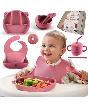 Silicone Baby Weaning Set by KIDOLEO - Suction Plate & Bowl - Straw Sippy Cup Or Snack Cup - Adjustable Bib - Folk & Spoon - 7 Piece Silicone Toddler Baby-Feeding-Set (Pink)