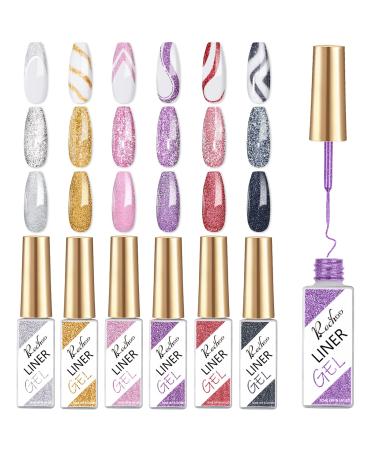 Rechoo 6pcs Reflective Glitter Gel Liner Nail Art 10ml Multicolor French Manicure Gel Polish Set Color Shellac Nail Polish for Fineliner Nail Design 03 V-6-Reflective Glitter 03