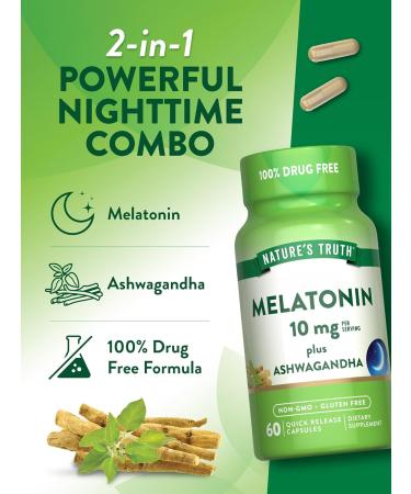Nature's Truth Melatonin 10mg with Ashwagandha | 60 Capsules | Non-GMO & Gluten Free Supplement for Adults - Buy Online on GoSupps.com