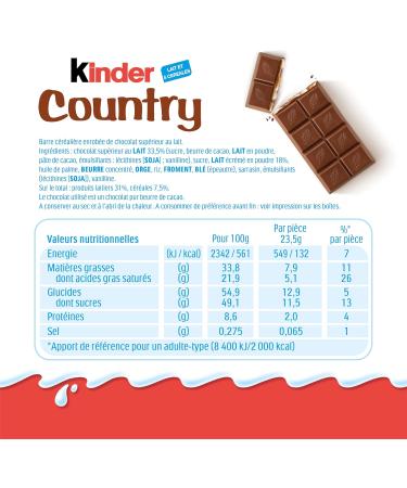 Kinder Country - Barre C r ali re enrob e de Chocolat au Lait avec un C ur au Lait fondant et des C r ales souffl es - Gourmand et Croustillant - Format partager - 40 Barres - Buy Online on GoSupps.com