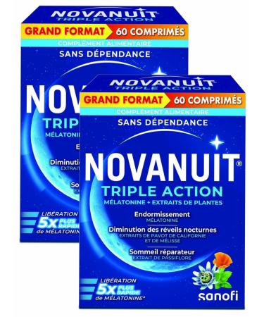 Novanuit Triple Action Melatonin + Herbal Extracts - Large Format - 4 Months Treatment - Pack of 2 Boxes of 60 Tablets