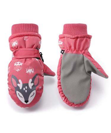 F Flammi Kids Winter Ski Mittens for Girs Warm Fluffy Lined Snow Gloves Water-Resistant Snow Mittens 2-8 Years Reindeer-Dark Pink 4-8 Years
