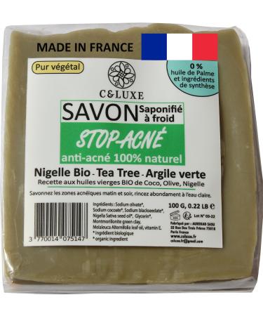 Anti-acne soap Nigella bio Tea Tree Green clay 100% natural cold saponified: oily and acne-prone skin antibacterial antifungal: Body Face. (lot of 1 unit: 100 Gr)