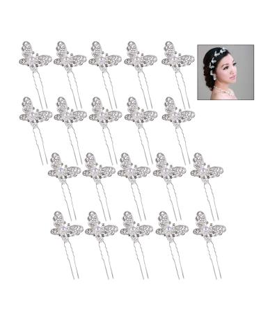 XLKJ 20 pieces wedding hair needles pearl butterfly bride hair jewelry rhinestone for bridal hairstyle u-shaped hair needles hair accessories hair clip for women