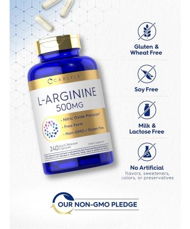 Carlyle L-Arginine 500 mg Capsules | 240 Count | Nitric Oxid Precursor | Free Form Amino Acid | Non-GMO & Gluten Free Supplement - Buy Online on GoSupps.com