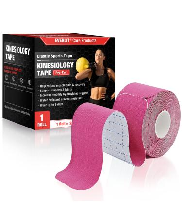 EVERLIT Single Pre-Cut Elastic Cotton Kinesiology Therapeutic Athletic Sports Tape, for Pain Relief and Support, 20 Precut 10 Strips (Pink)