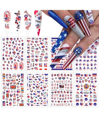 8 Sheets 4th of July Nail Art Stickers American Independence Day Nail Design Decals 3D Self-Adhesive Nail Art Supplies USA Flag Patriotic Stickers Manicure Sticker for Memorial Day B1