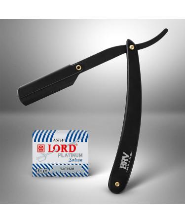 BRV MEN Professional GERMAN Steel Straight Edge Barber Razor with 100 Lord Platinum Single Edge Blades - German Stainless Steel Shavette for Men and Women - Black - Buy Online on GoSupps.com