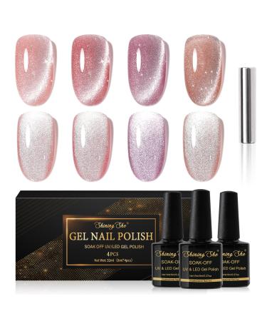 Shining She Cat Eye Gel Nail Polish 4 Colours Jelly Nude Pink Rose Gold Magnetic Nail Polish with Magnet Soak-Off UV/LED Holographic Cat Eye Gel Polish for Nail Art Salon DIY Home 8ML Cat Eyes